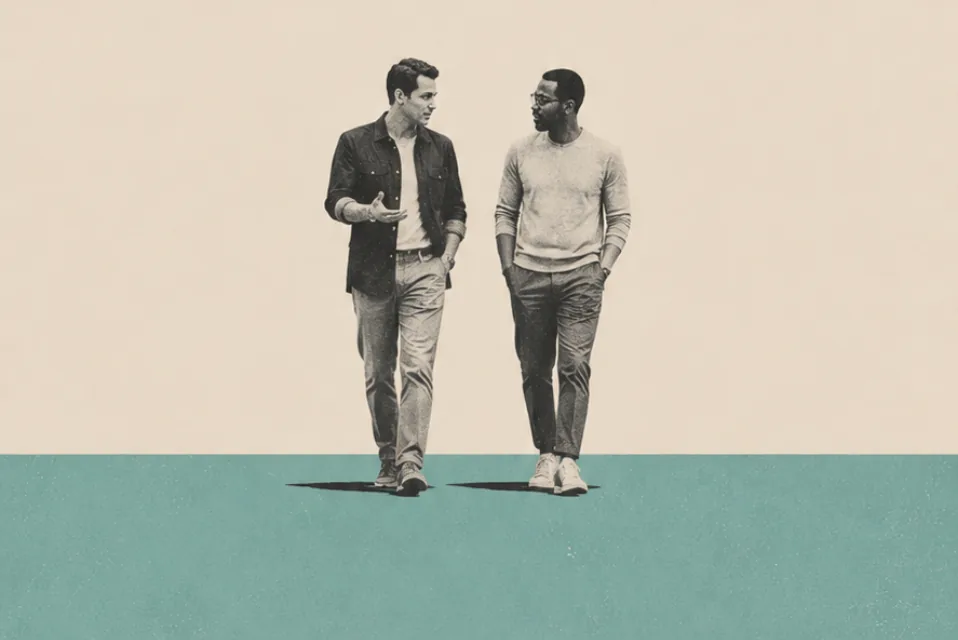 Two colleagues walking and talking