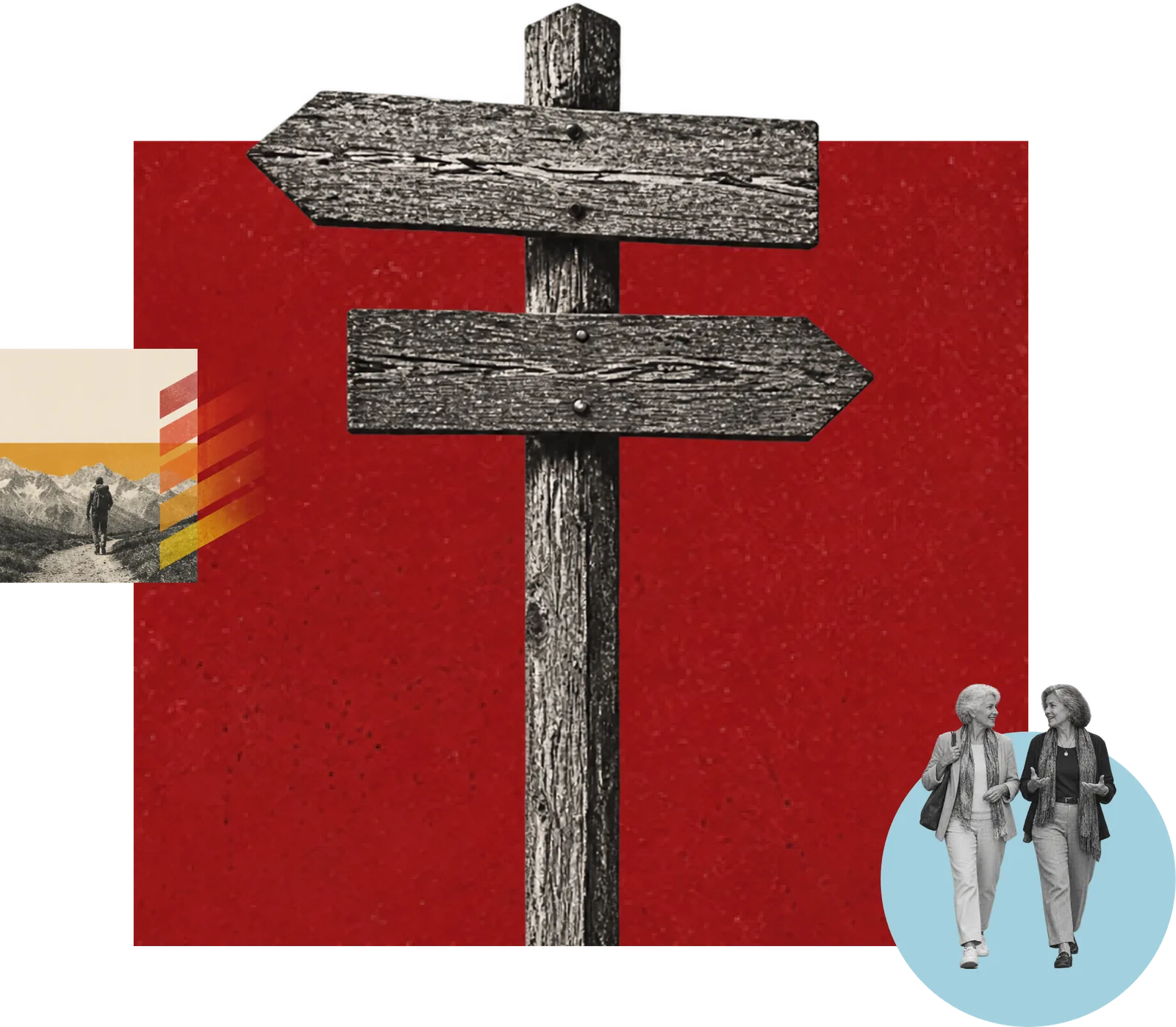 A collage of a weathered signpost at a fork in the path, with people walking and talking