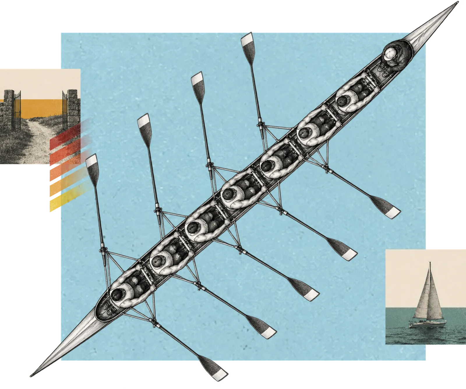 A collage of a rowing crew moving together in a single shell