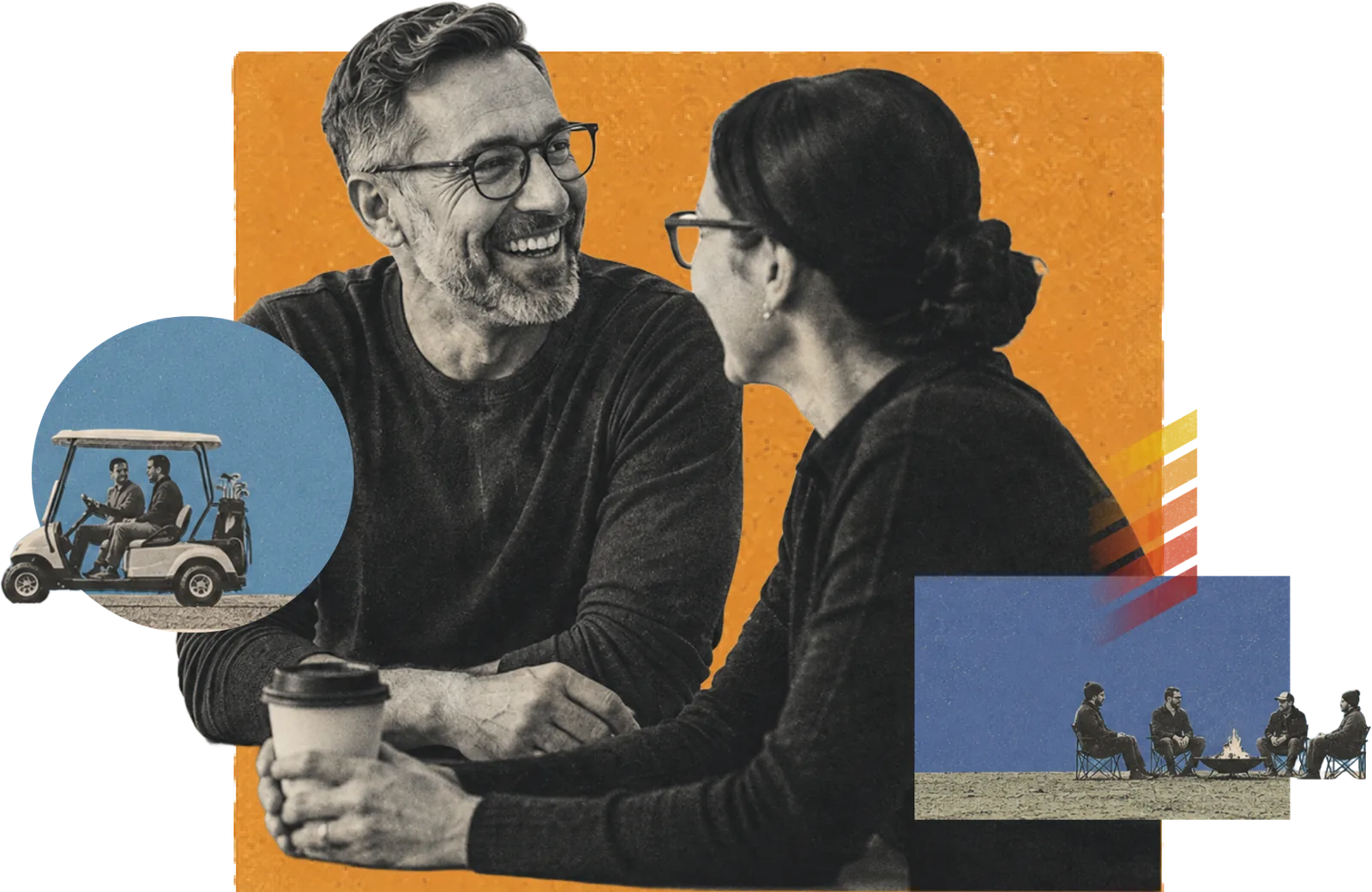 Two colleagues talking over coffee, alongside smaller scenes of leaders in conversation