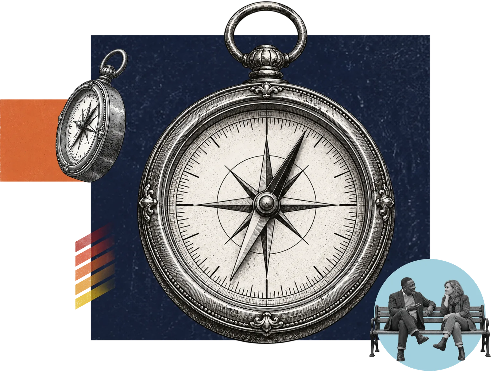 A collage of a compass alongside two people in conversation on a bench