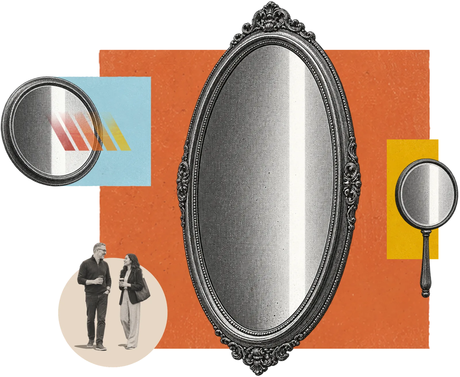 A collage of mirrors alongside two colleagues walking and talking