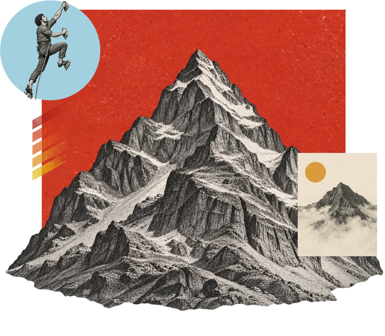 A collage of a mountain peak with a climber ascending