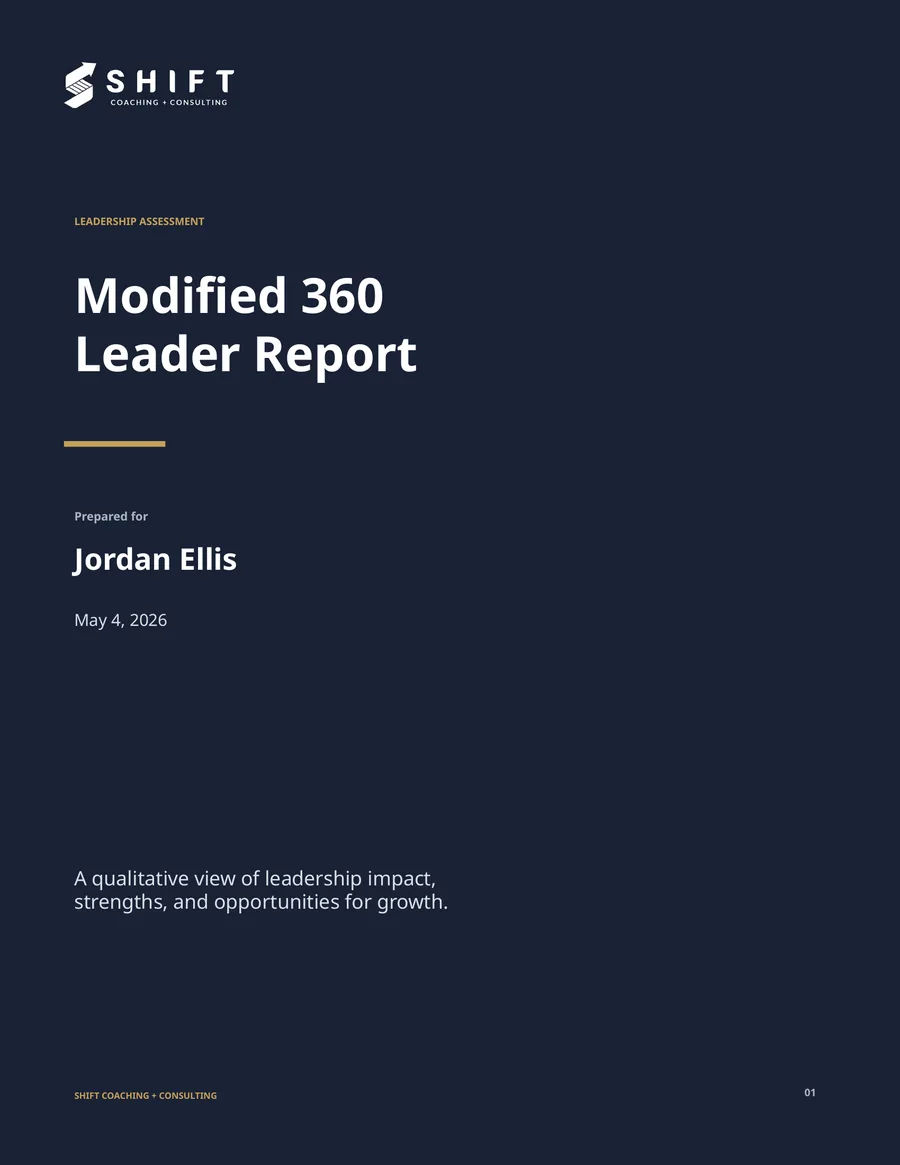 Cover of a sample SHIFT Modified 360 Leader Report, prepared for a fictional participant, Jordan Ellis