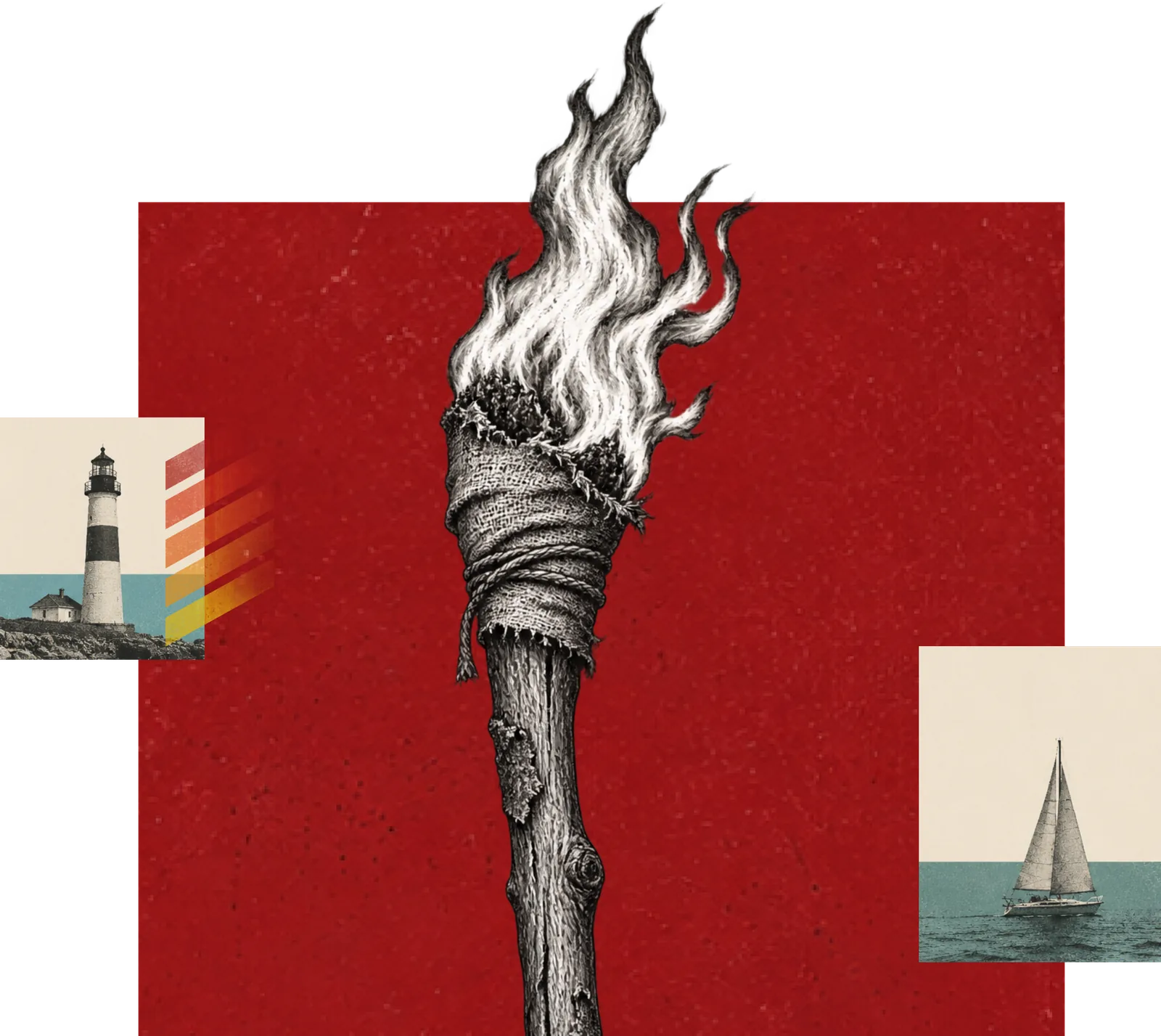 A collage of a lit torch alongside a lighthouse and a sailboat