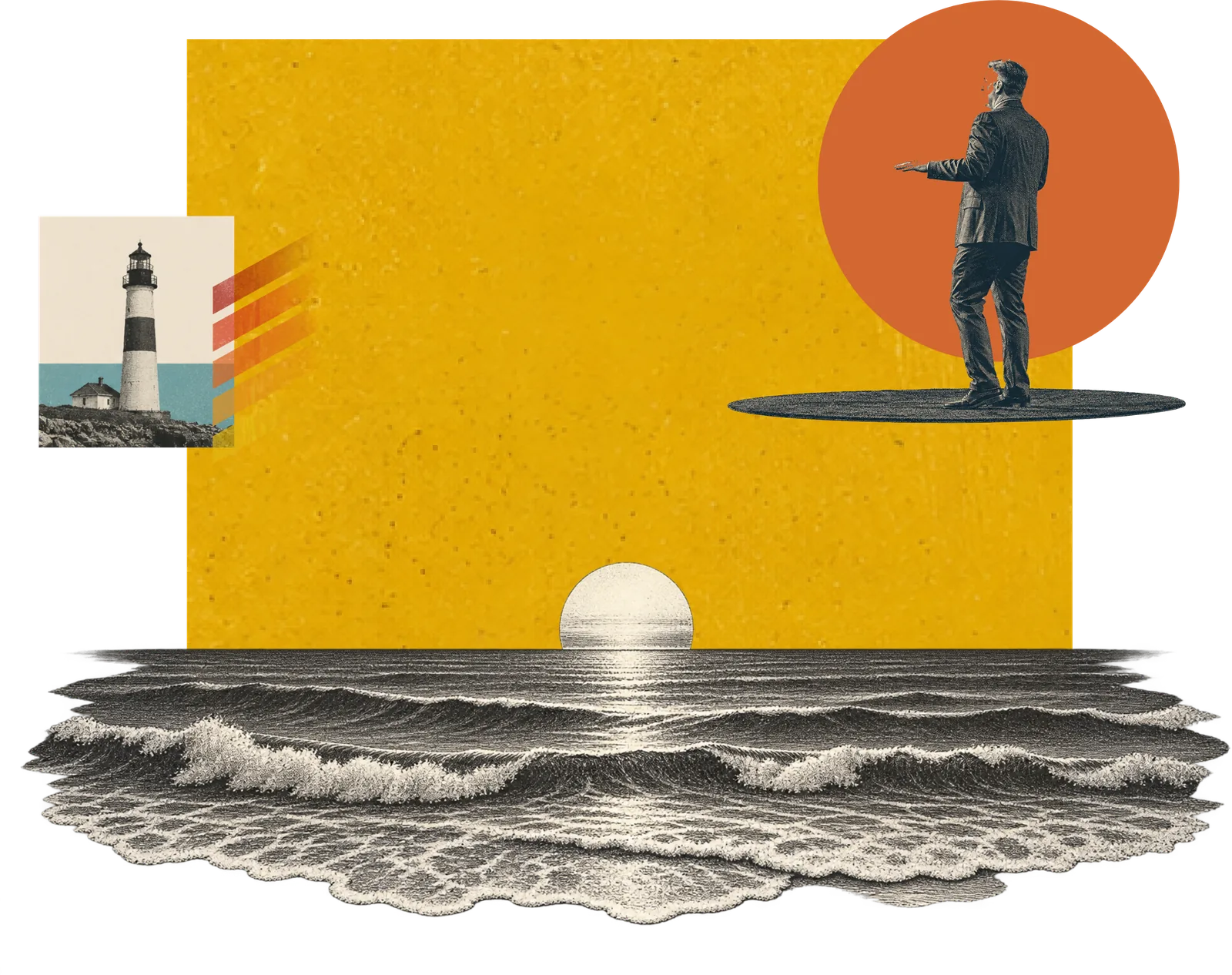 A collage of an open horizon at sea with a lighthouse and a speaker addressing a room